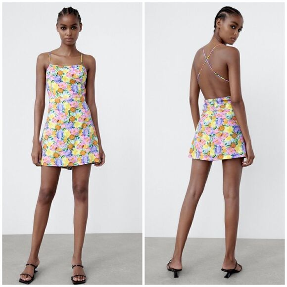 Zara Yellow/Purple Multicolor Crisscross Strap Floral Boho Mini Dress XL - Picture 1 of 10